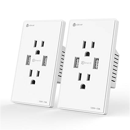 amazon com iclever 15 amp 125 volt wall outlet duplex receptacle 4 2a dual usb charger ports with smartid technology white 2 pack home improvement