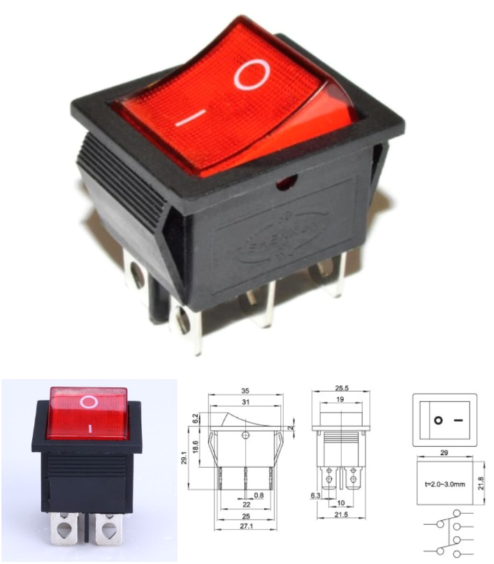 6pin kcd4 202n on off rocker switch dpdt red led