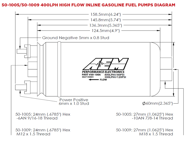 400lph inline high flow fuel pump dimensional drawing