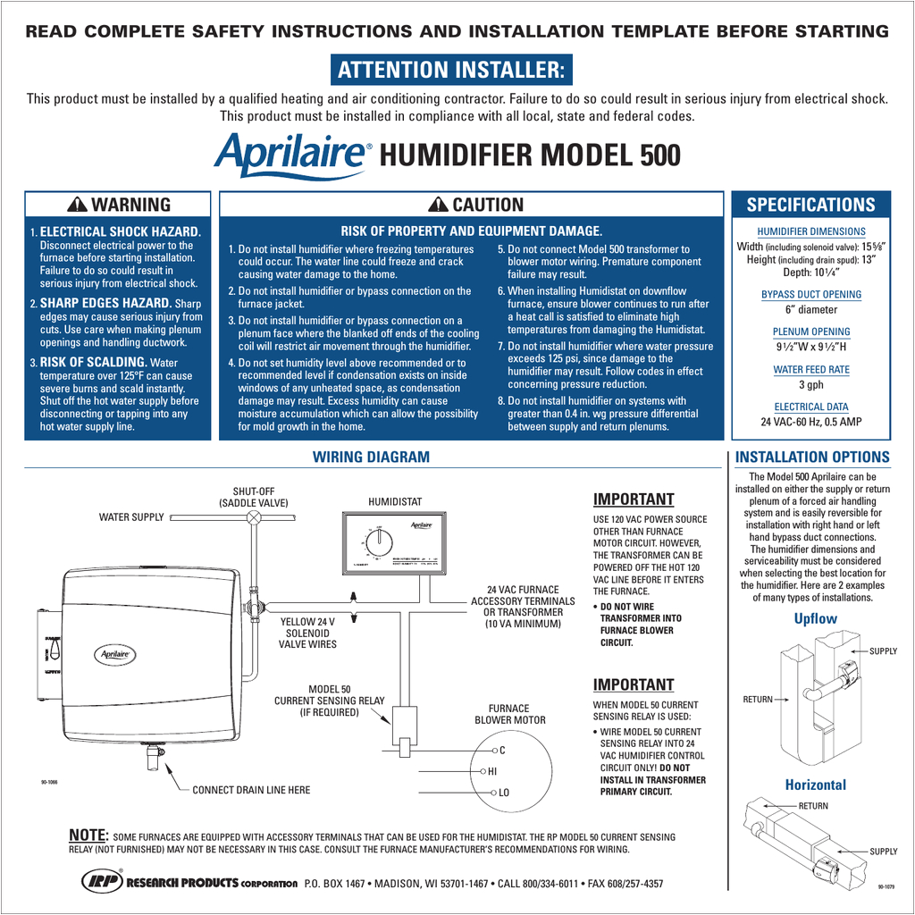 aprilaire 500 specifications read complete safety instructions and installation