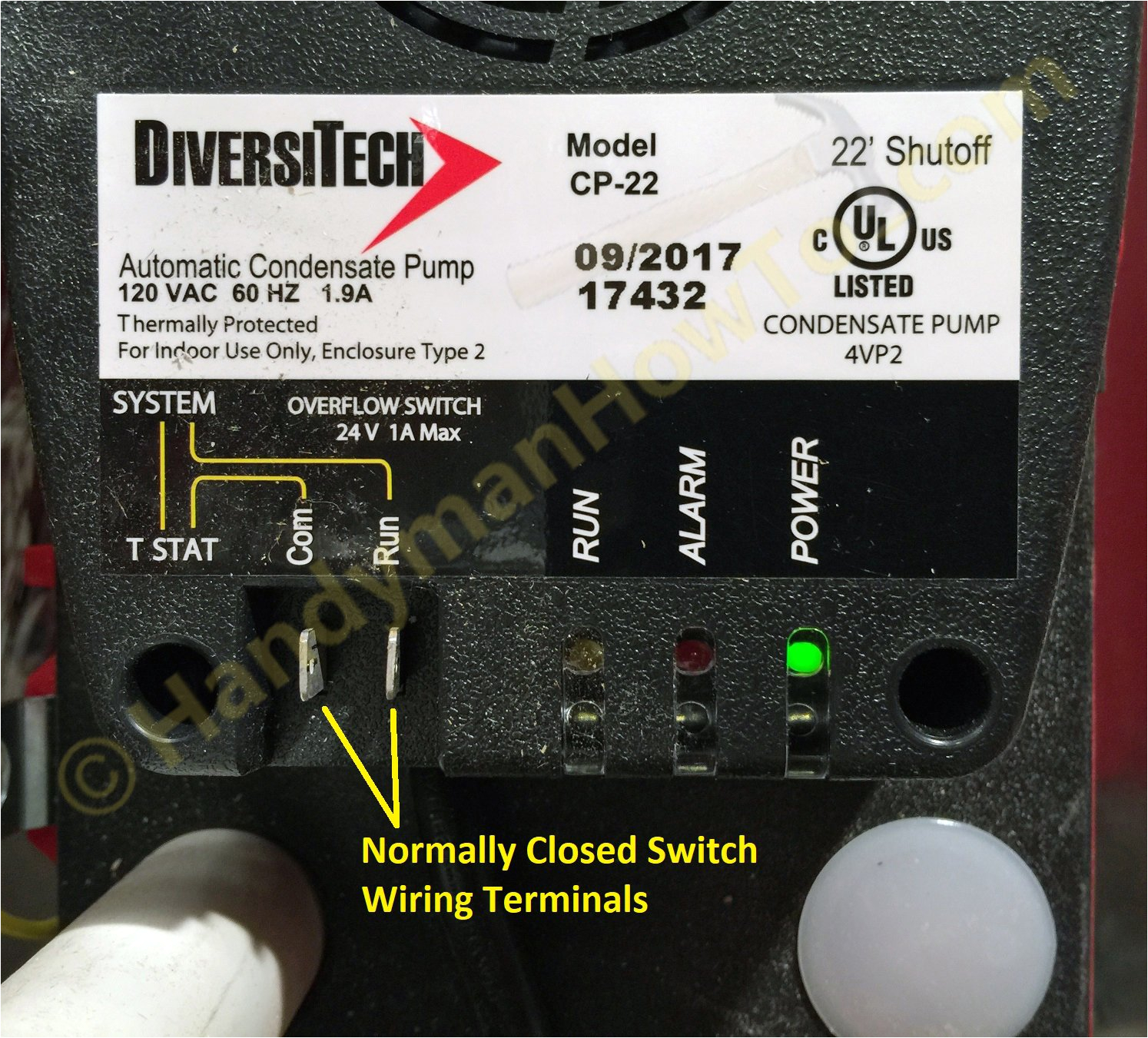 diversitech cp 22 condensate pump wiring terminals and status leds