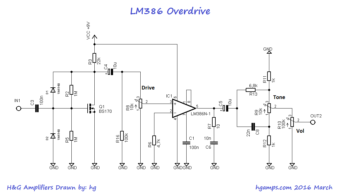 the lm386 overdrive effect the popular audio amplifier chip as guitar overdrive simple and inexpensive circuit strong dry and rough sound real od
