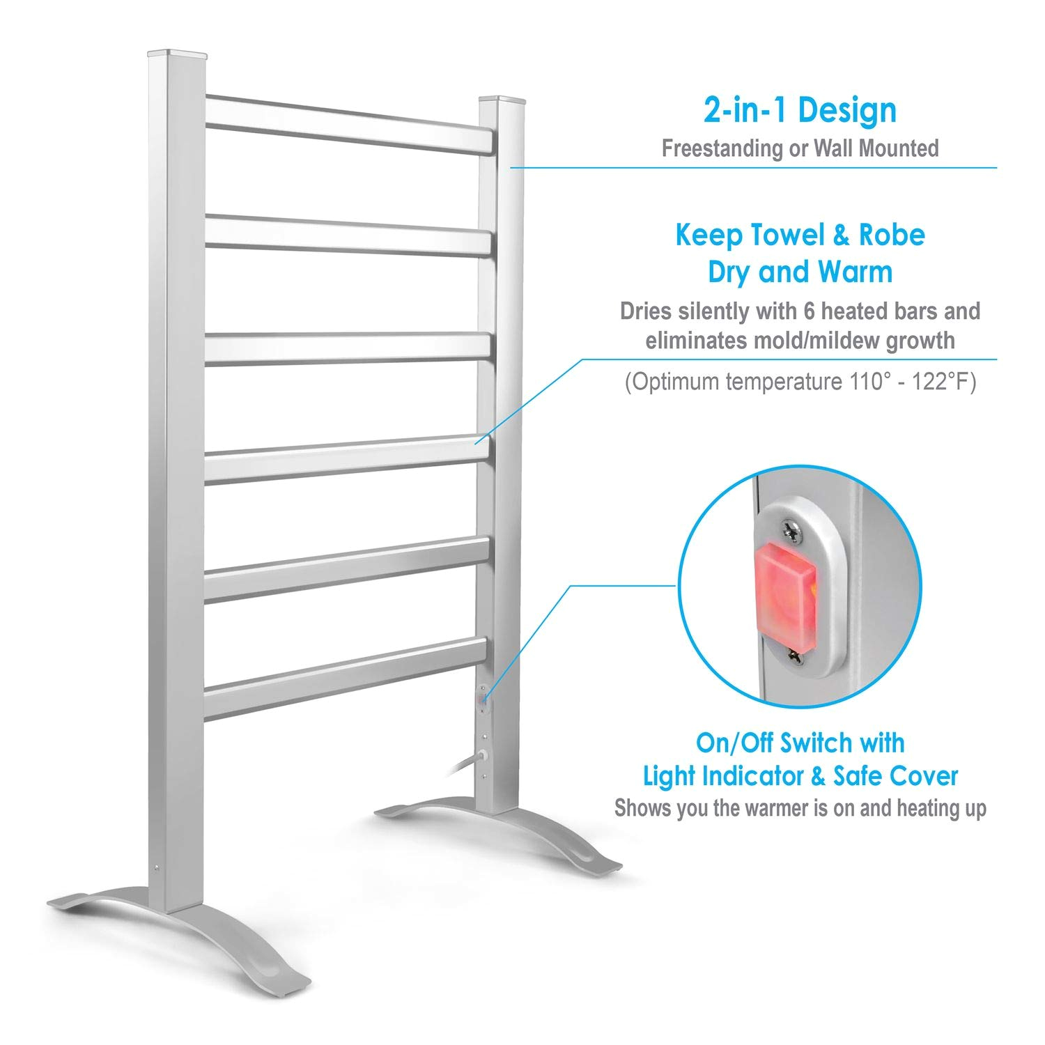 amazon com innoka 2 in 1 freestanding wall mounted heated towel warmer drying rack ul certified 6 bars aluminum frame home kitchen