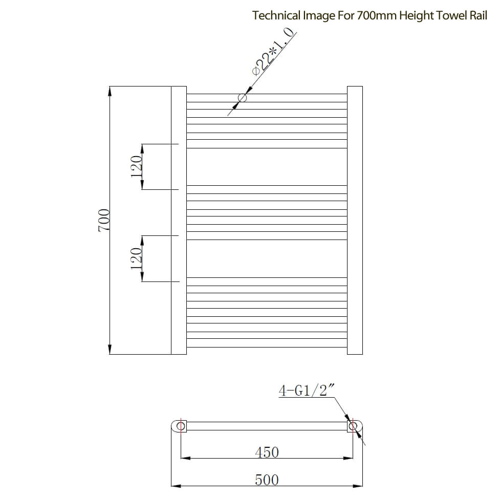 premier 500mm wide anthracite straight heated towel rail technical drawing qs v18572 mty103