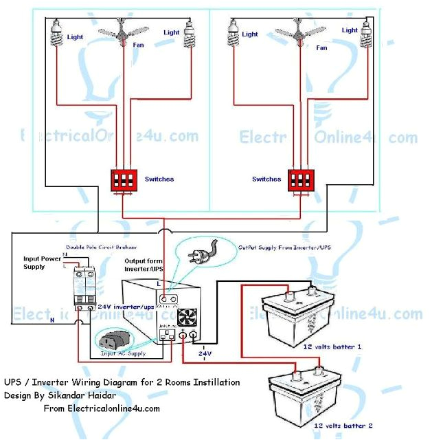 ups inverter wiring instillation for 2 rooms with wiring diagram