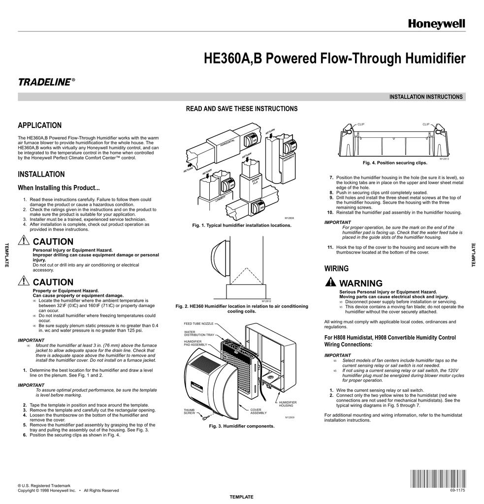 he360a b powered flow through humidifier installation instructions read and save these instructions application clip clip rn u et r the he360a b powered
