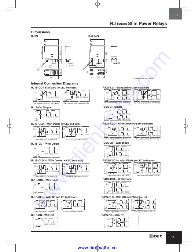 12 11 rj series slim power relays dimensions internal connection diagrams