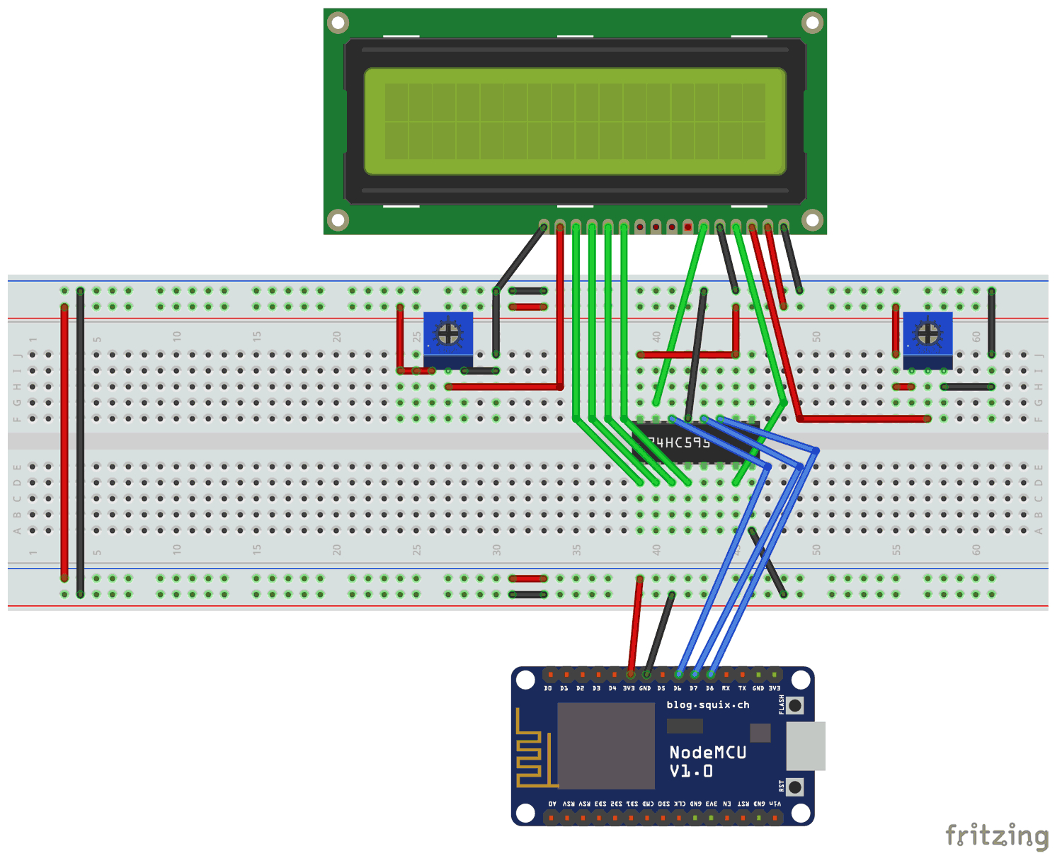 interfacing circuit diagram of lcd with esp12 using shift register sn74hc595n