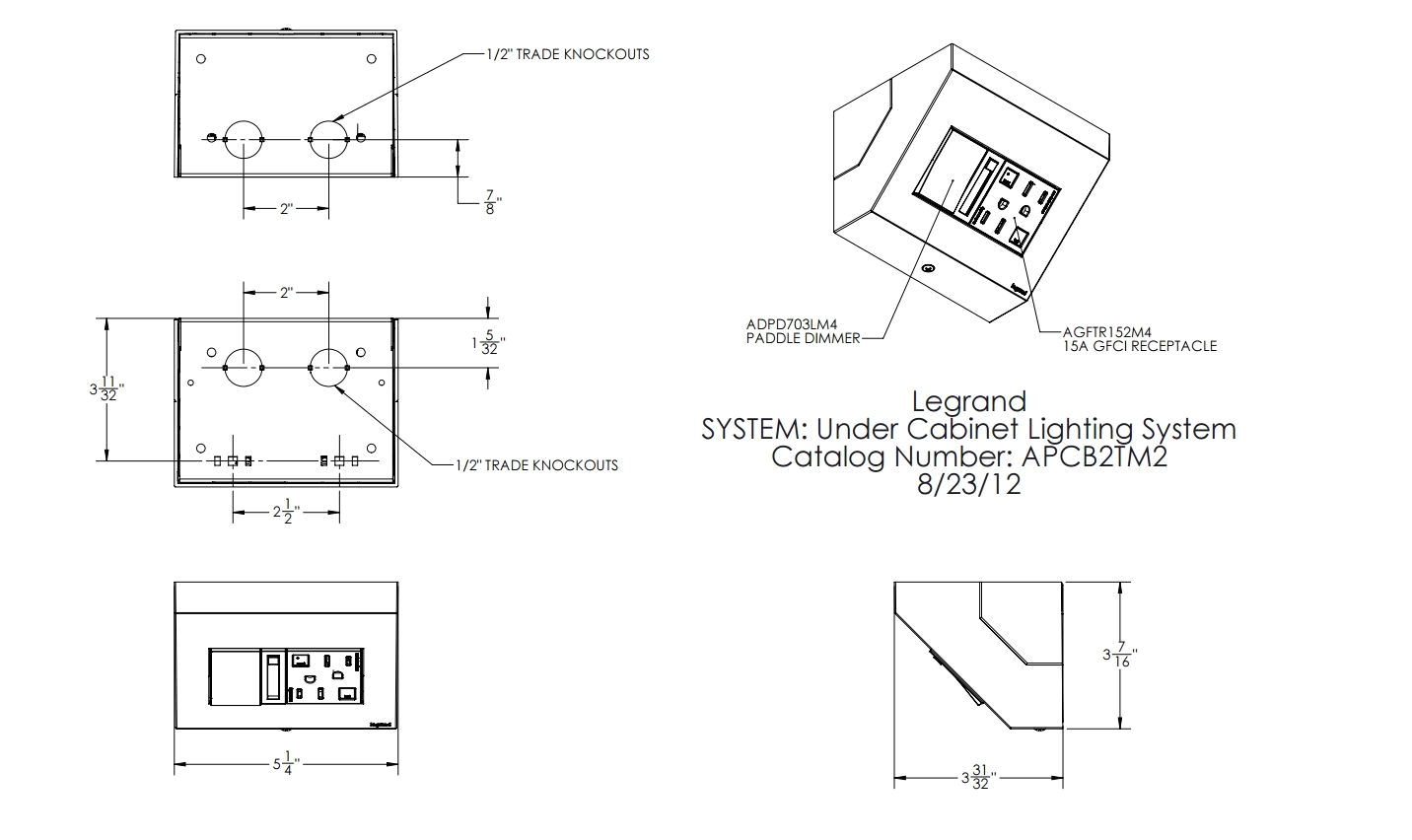 legrand adorne apcb6 under cabinet box with paddle dimmer and 15a gfci