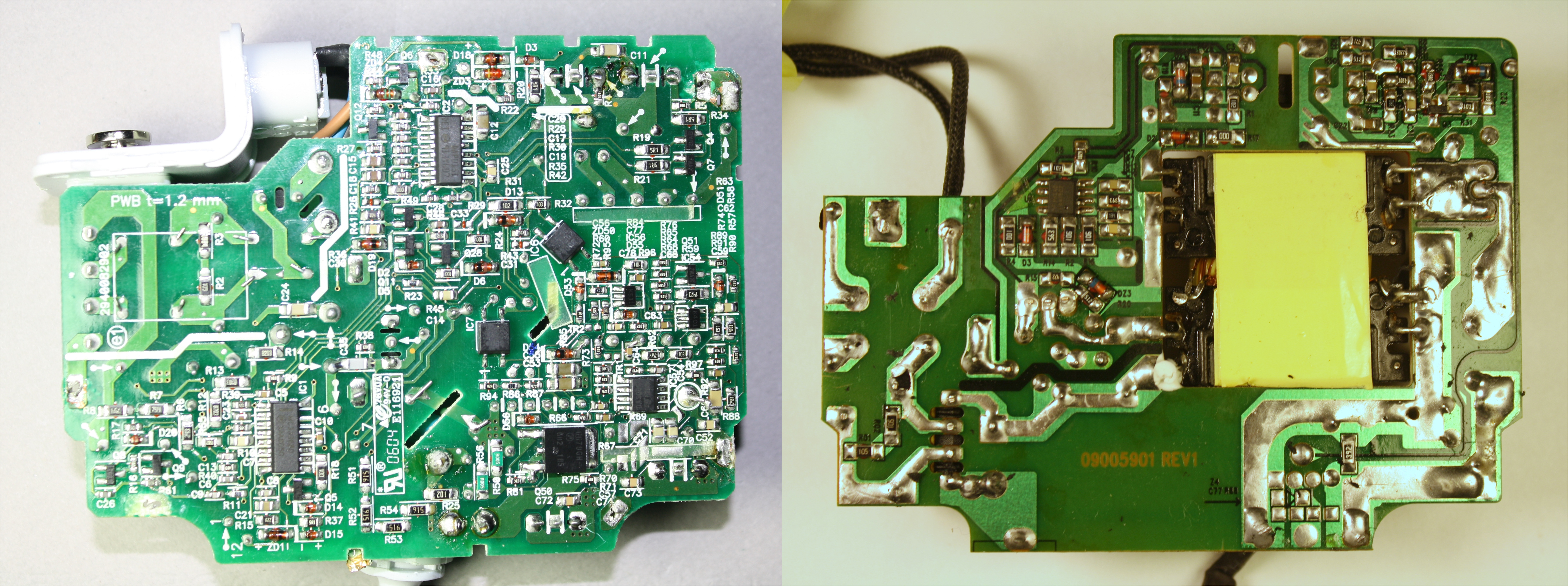 the circuit board of the apple 85w macbook charger left compared with an imitation