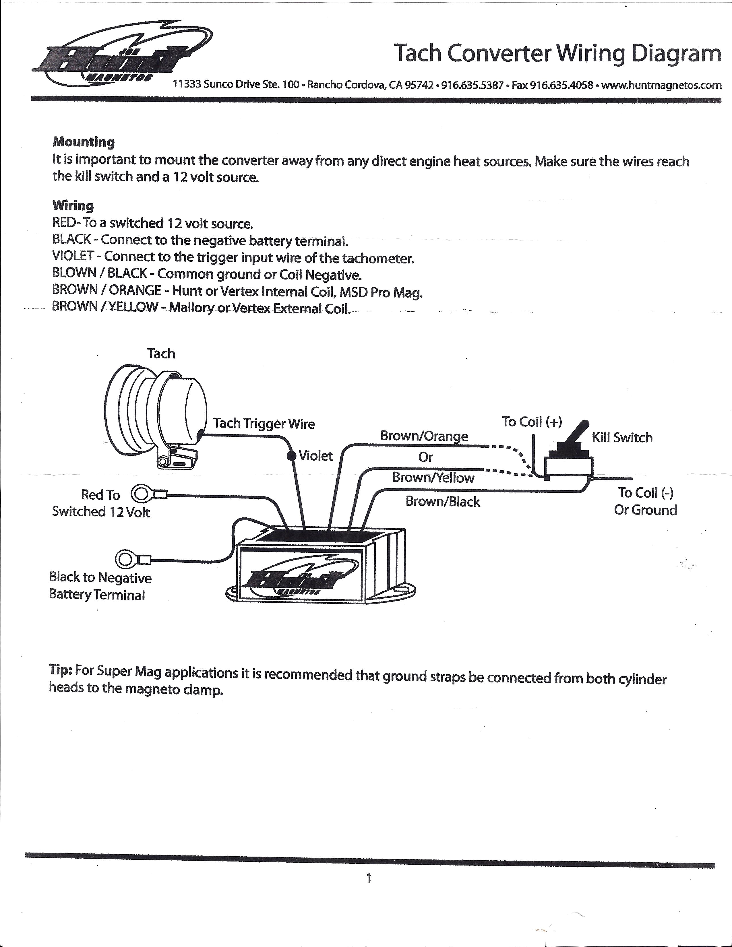 wiring diagram for installing a signal converter in order to make a tachometer work with a magneto