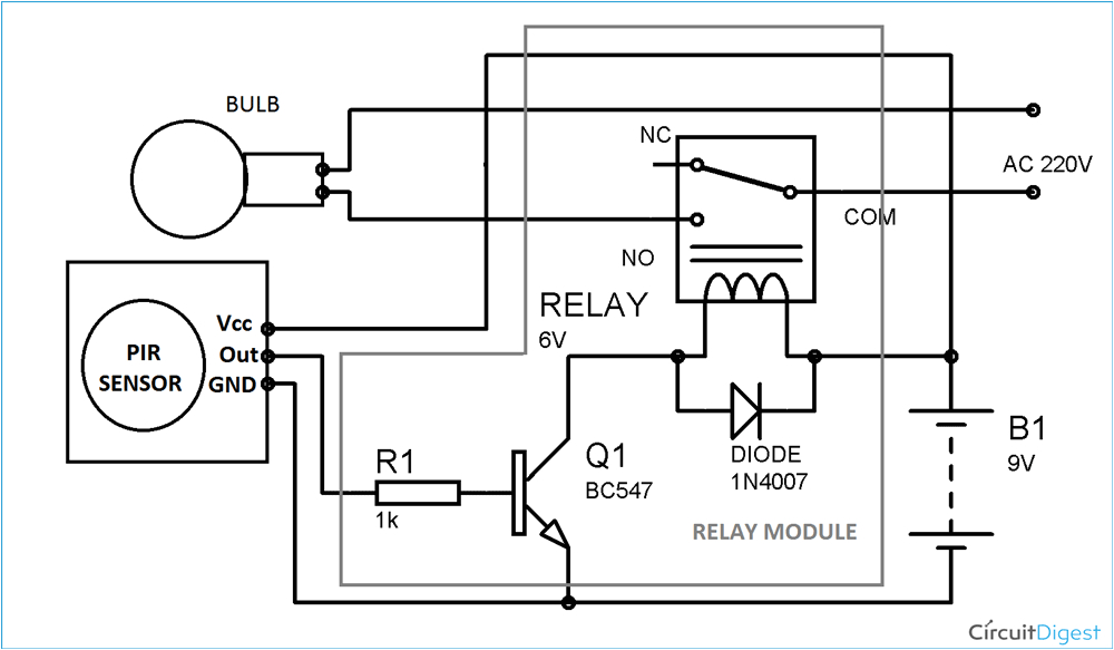 automatic room lights using pir sensor and relay circuit diagramcircuit diagram for automatic room lights using