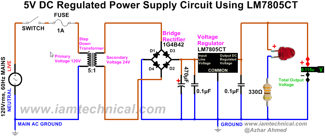 regulated dc power supply circuit using bridge rectifier 1g4b42