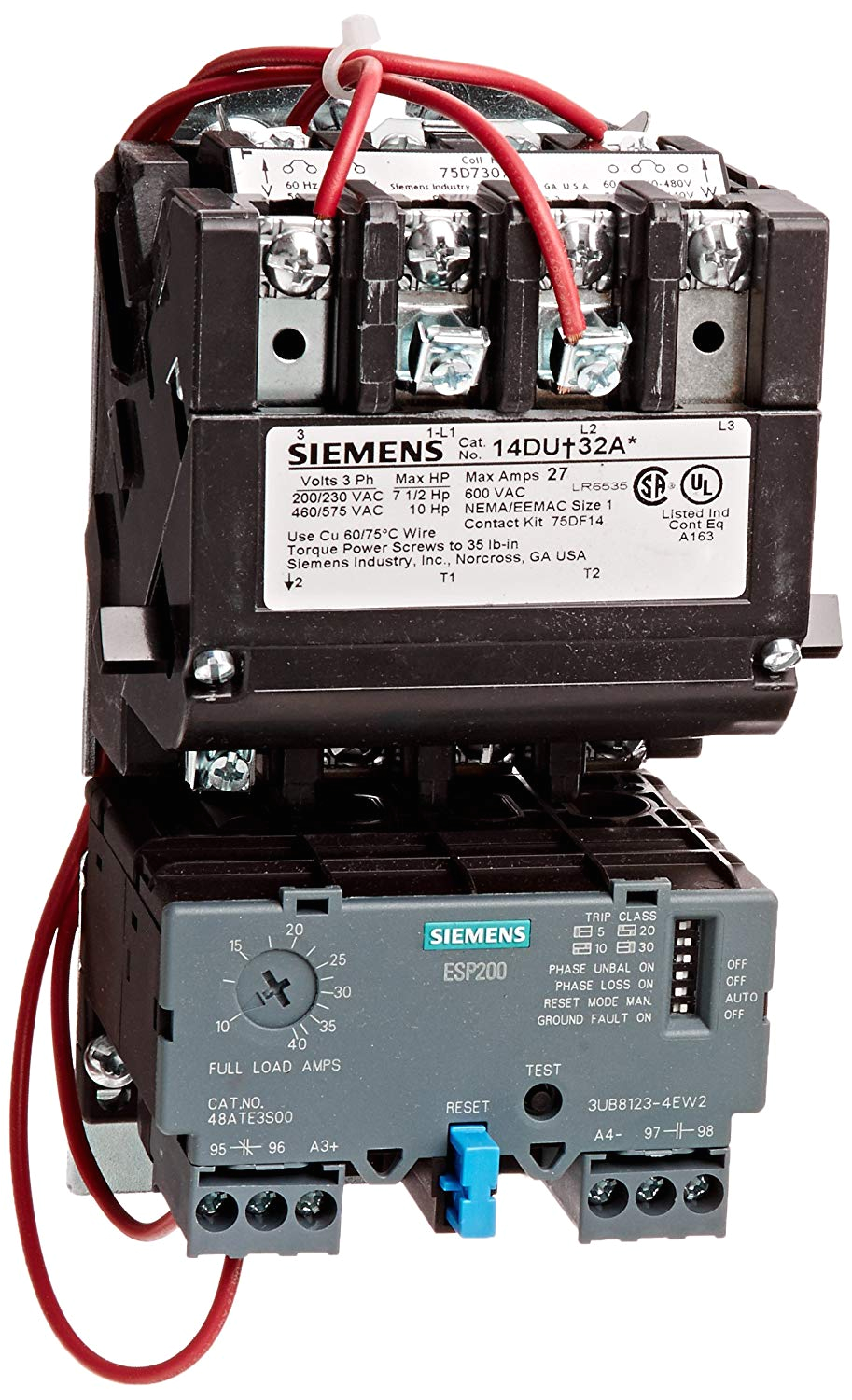 siemens 14due32ac heavy duty motor starter solid state overload auto manual reset open type standard width enclosure 3 phase 3 pole 1 nema size