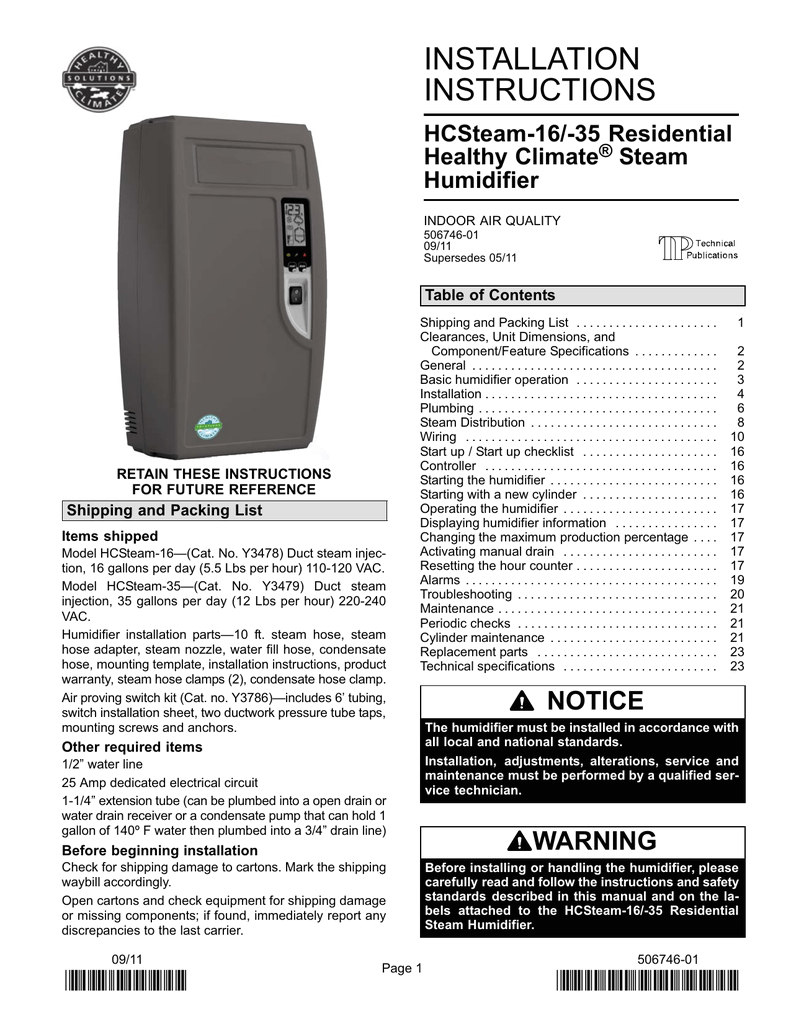 lennox hcsteam 16 humidifier owners manual