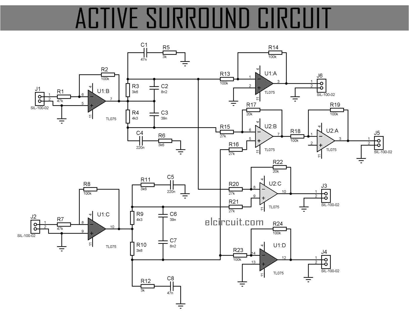 this active surround sound circuit is very suitable for converting stereo input into surround sound 4