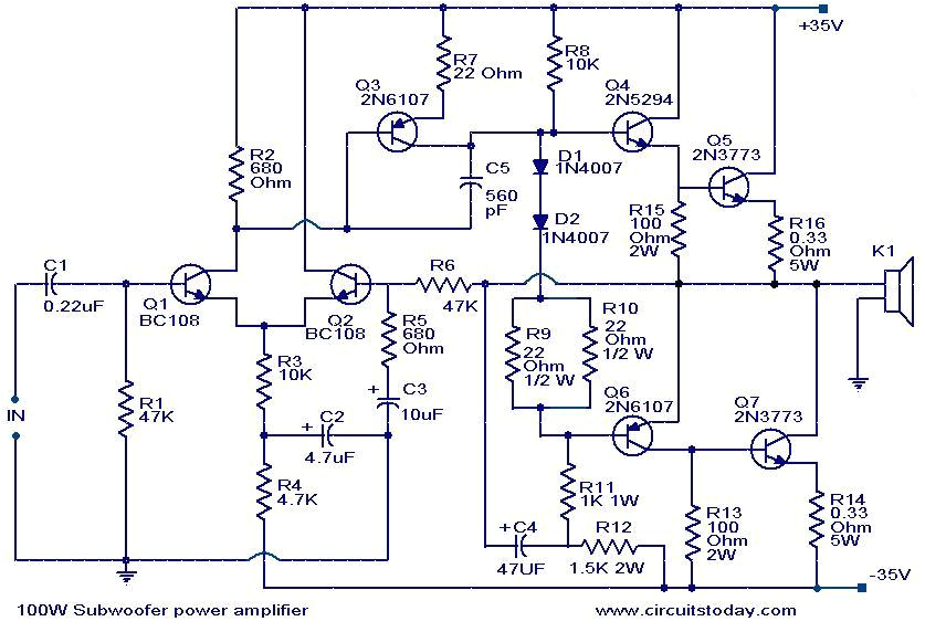 100 watt sub woofer amplifier working and circuit diagram 100 w subwoofer amplifier circuit