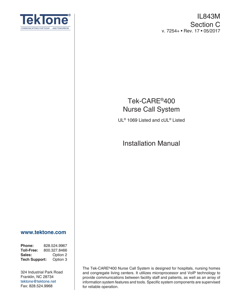 tek carea 400 nurse call system installation manual