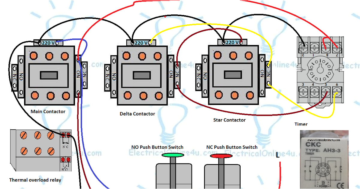 3 phase motor star delta control circuit diagram with 8 pin on delay timer normally open and normally close push button switches