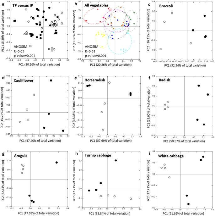 beta diversity metrics of bacterial 16s rrna gene of the vegetable samples visualized by pcoa plots community clustering is based on bray curtis