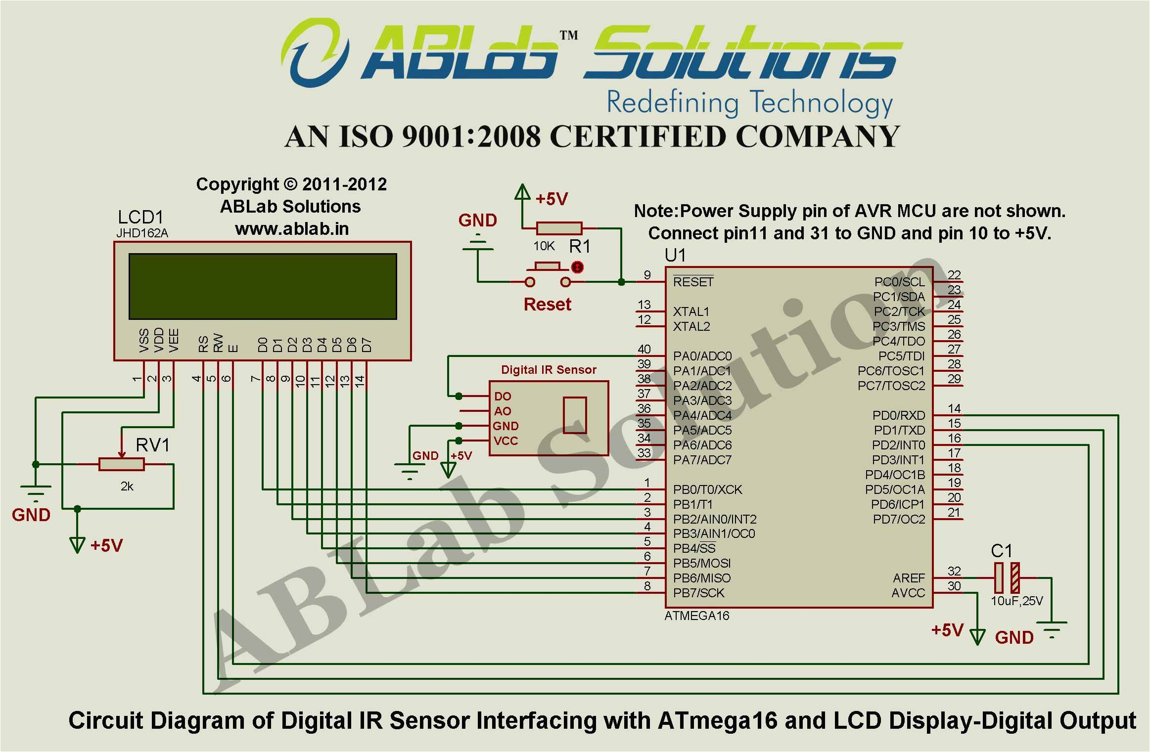 digital ir sensor interfacing with avr atmega16 microcontroller and lcd display digital output circuit diagram ablab solutions