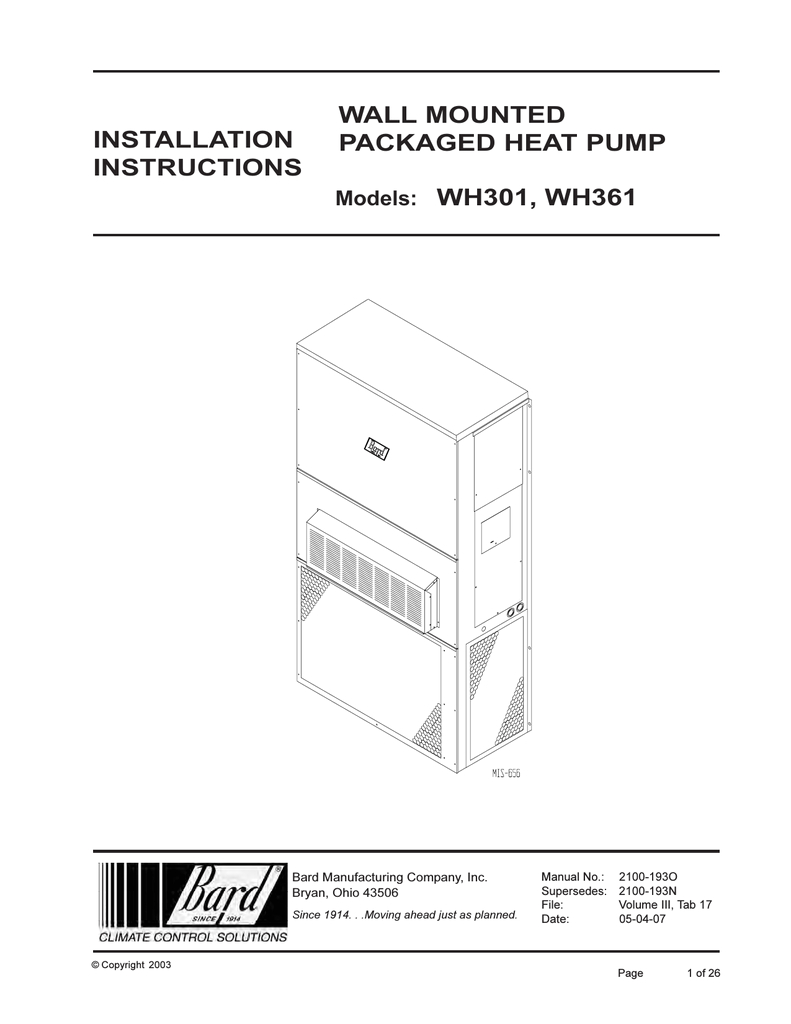 bard wh301 specifications installation instructions wall mounted packaged heat pump