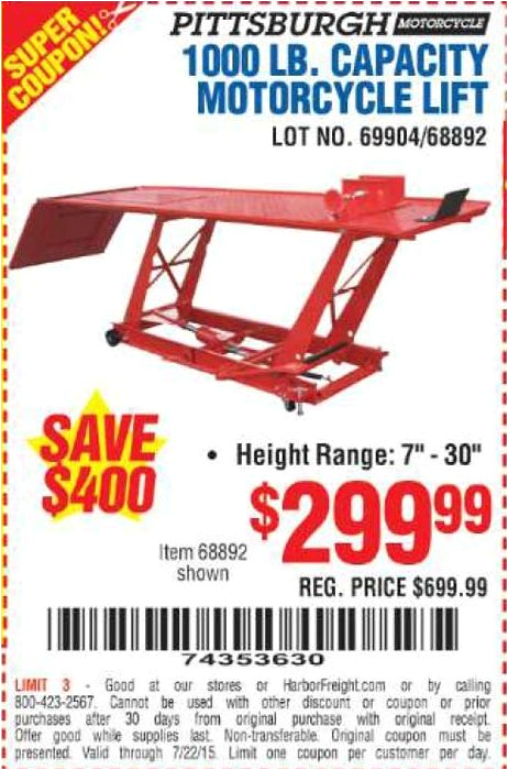 harbor freight coupon 1000 lb capacity motorcycle lift lot no 69904 68892 expired 7 22 15 299 99