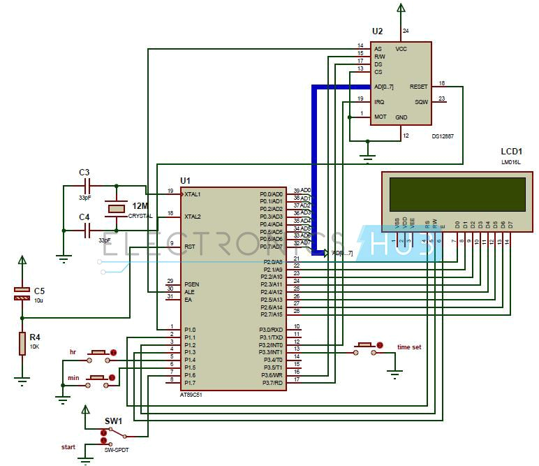 digital clock circuit using 8051 microcontroller and ds12c887 circuit diagram of digital clock using 8051 microcontroller and rtc